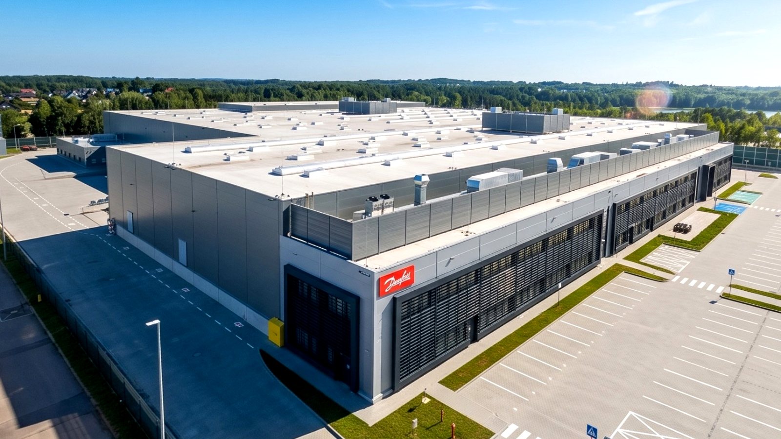 Danfoss'un Polonya'daki yeni Tuchom fabrika binasının havadan görünümü